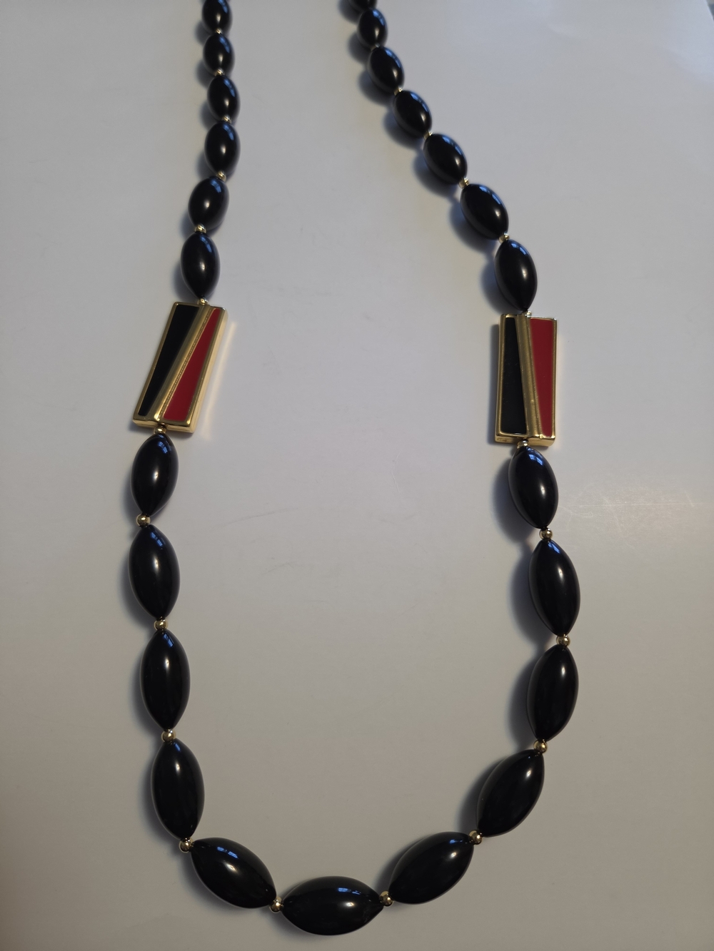 Napier 38" Black Marquise-Cut Lucite Bead w Art Deco Red, Gold & Black Panels